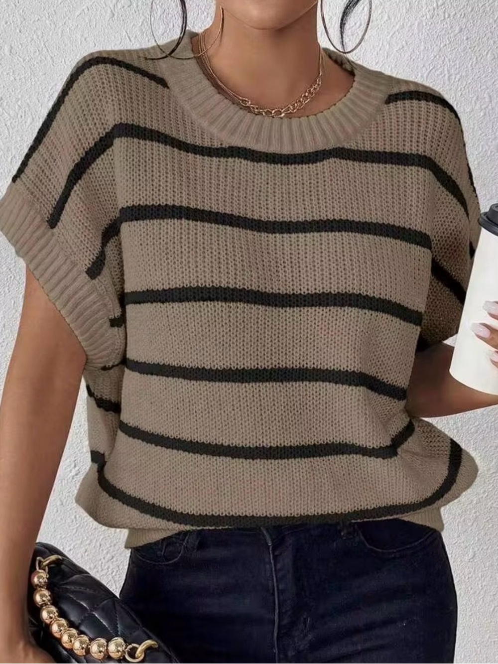 NWOT Boxy Taupe Striped Short-Sleeve Sweater